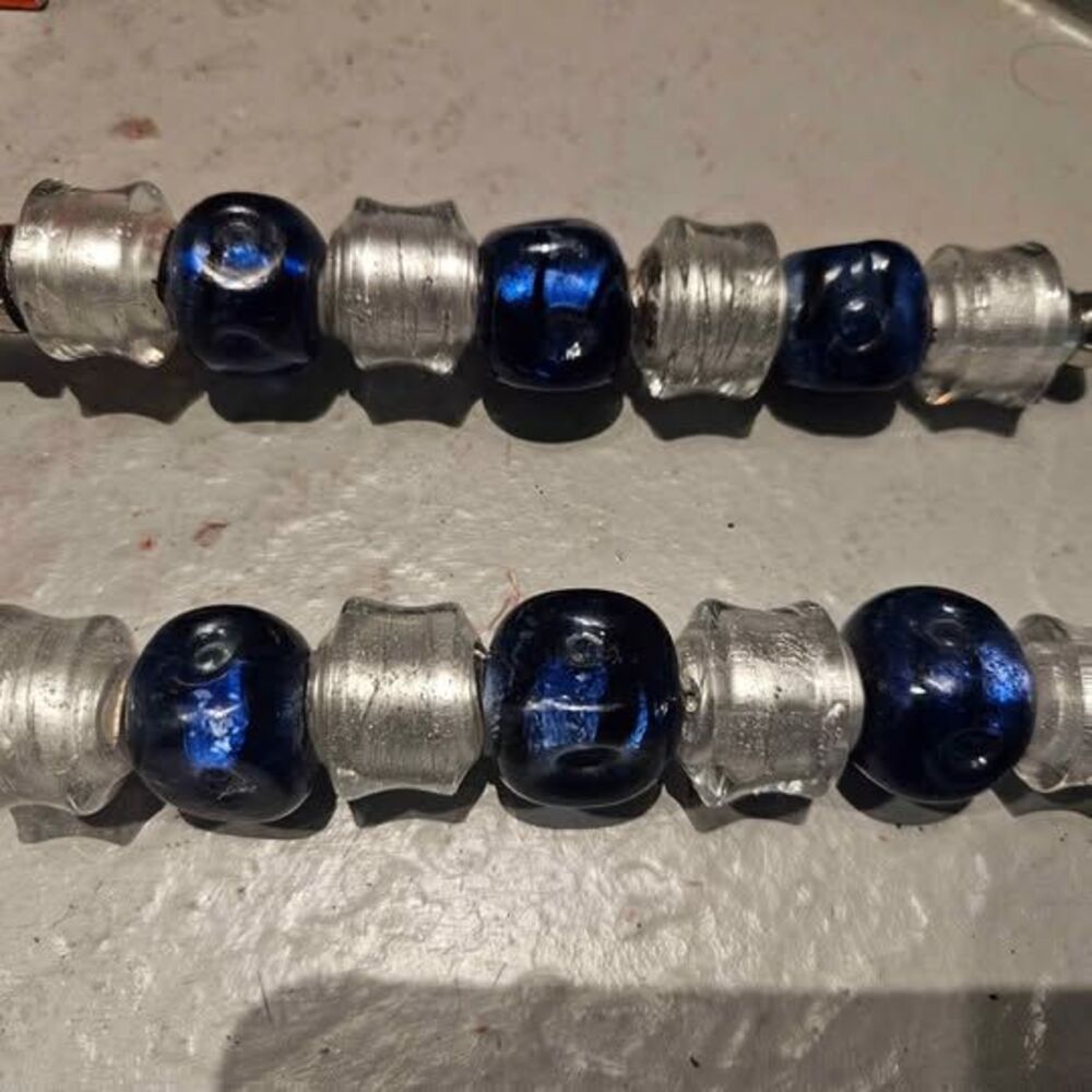 Jumbo Salad Servers Hammered and Beaded with Blue and Clear Glass Art Beads - Picture 3 of 5